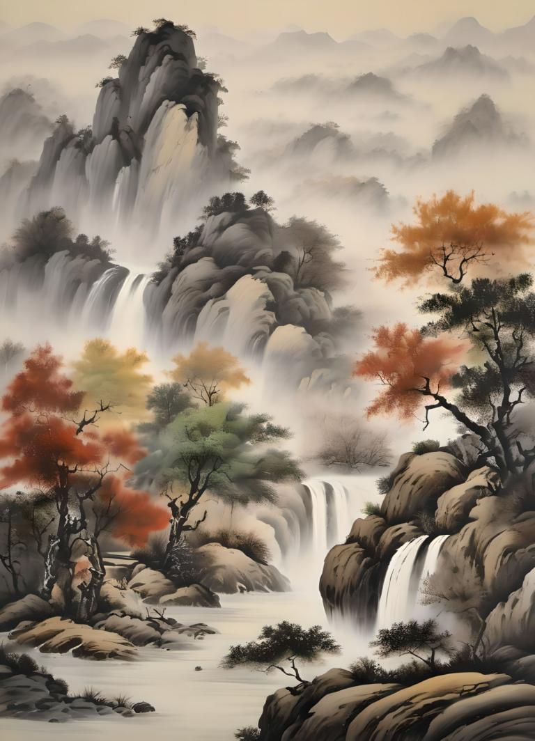 Chinesische Gemälde,Chinesische Gemälde, Natur, Landschaft, keine Menschen, Landschaft, Wasserfall, Baum