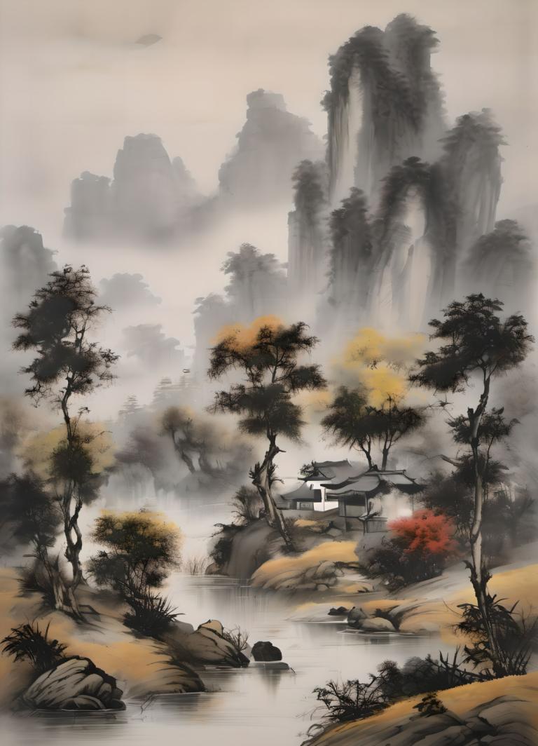 国画,国画, 自然, 风景, 没有人类, 风景, 树, 户外, 水, 自然, 瀑布, 多雾路段, 山, 岩石, 河, 森林, 景观, 建筑学