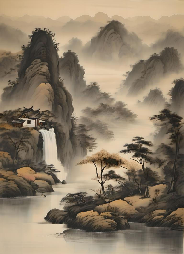 Chinesische Gemälde,Chinesische Gemälde, Natur, Landschaft, Landschaft, keine Menschen, Baum, Wasser