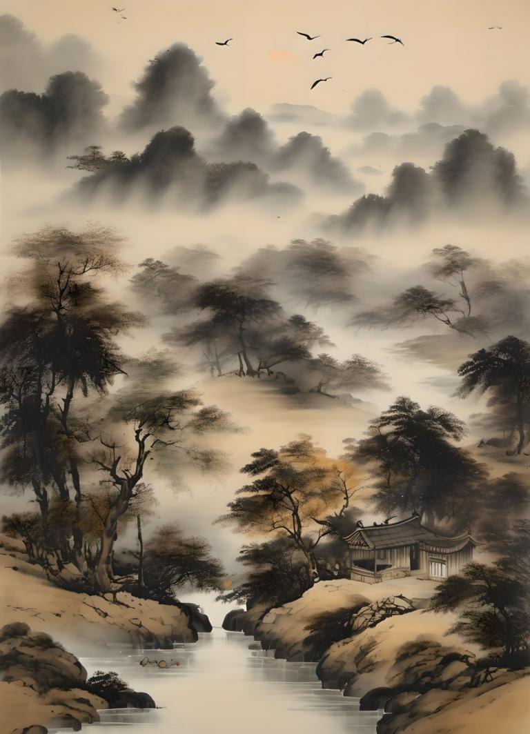 Chinese Paintings,Chinese Paintings, Nature, landscape, no humans, tree, scenery, bird, nature, outdoors