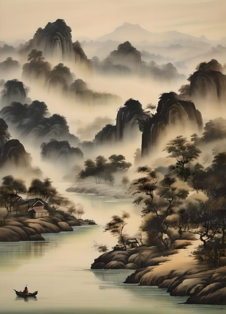 国画,国画, 自然, 风景, 船, 风景, 树, 船只, 水, 河, 自然, 湖, 户外, 森林, 桥, 岬, 山, 景观