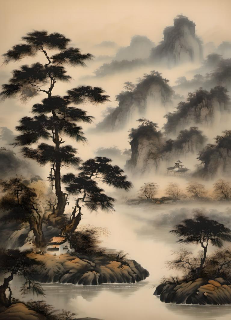 Chinese Paintings,Chinese Paintings, Nature, landscape, no humans, scenery, tree, outdoors, water, river