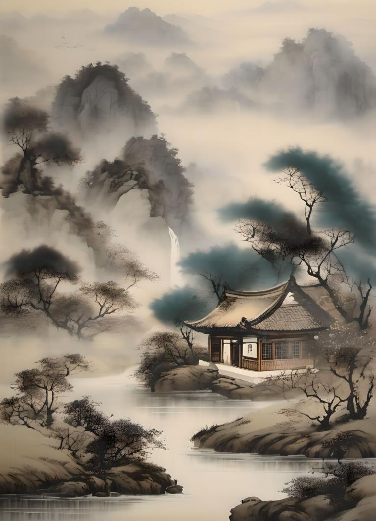 Peintures chinoises,Peintures chinoises, Nature, paysage, pas d'humains, arbre, paysage, eau, architecture