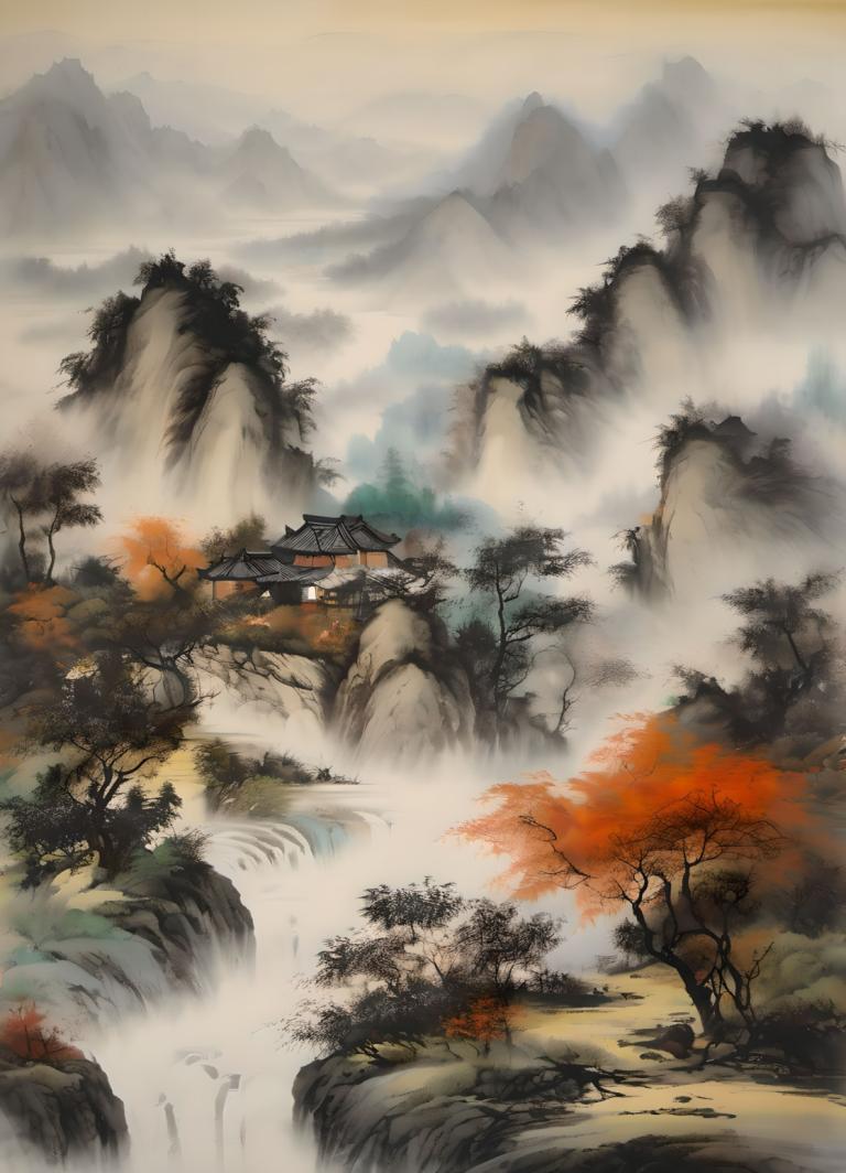 Chinese Paintings,Chinese Paintings, Nature, landscape, no humans, scenery, tree, mountain, nature, waterfall