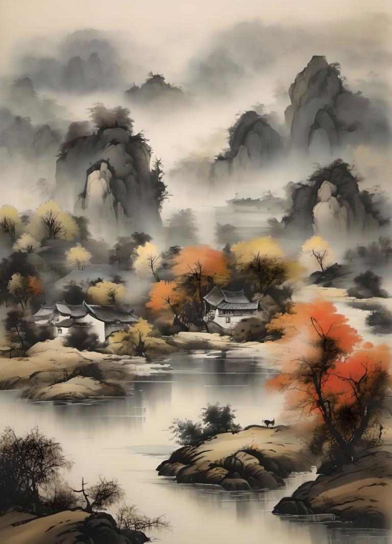 国画,国画, 自然, 风景, 没有人类, 风景, 树, 建筑学, 东亚建筑, 水, 户外, 山, 多雾路段, 岩石, 河, 景观, 自然