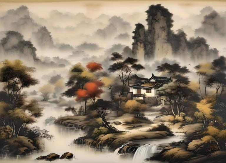 国画,国画, 自然, 风景, 没有人类, 风景, 树, 自然, 水, 户外, 云, 建筑学, 森林, 东亚建筑, 瀑布, 天空, 山, 河, 岩石, 景观