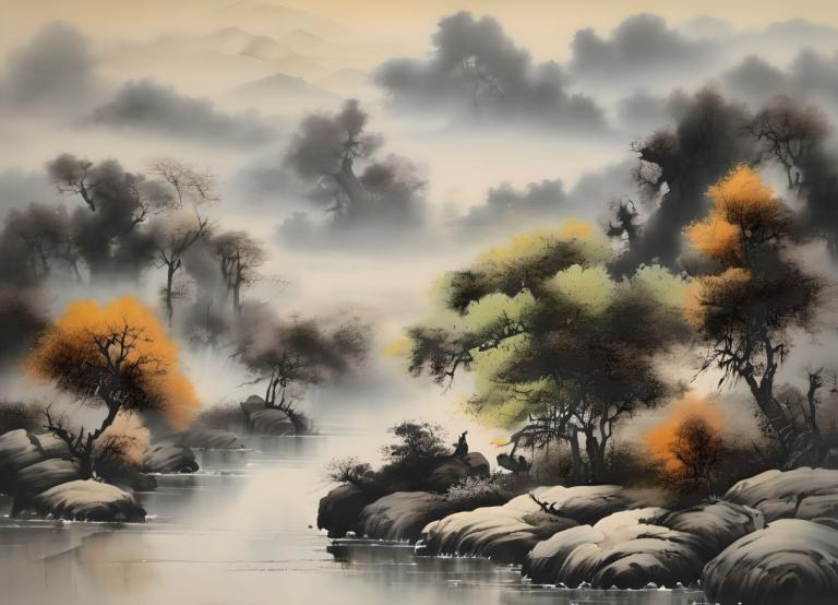 Chinese Paintings,Chinese Paintings, Nature, landscape, no humans, tree, scenery, cloud, outdoors, water, sky