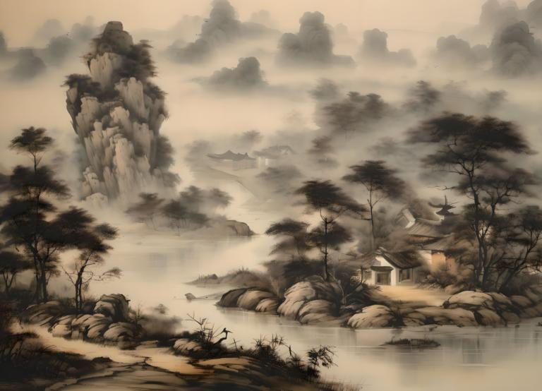 Chinesische Gemälde,Chinesische Gemälde, Natur, Landschaft, keine Menschen, Landschaft, Baum, Natur, Nebel