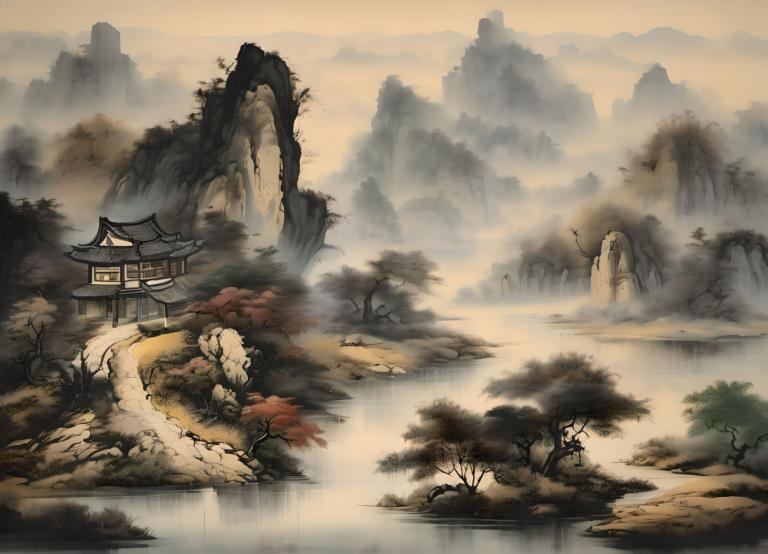 Peintures chinoises,Peintures chinoises, Nature, paysage, pas d'humains, paysage, arbre, eau, architecture