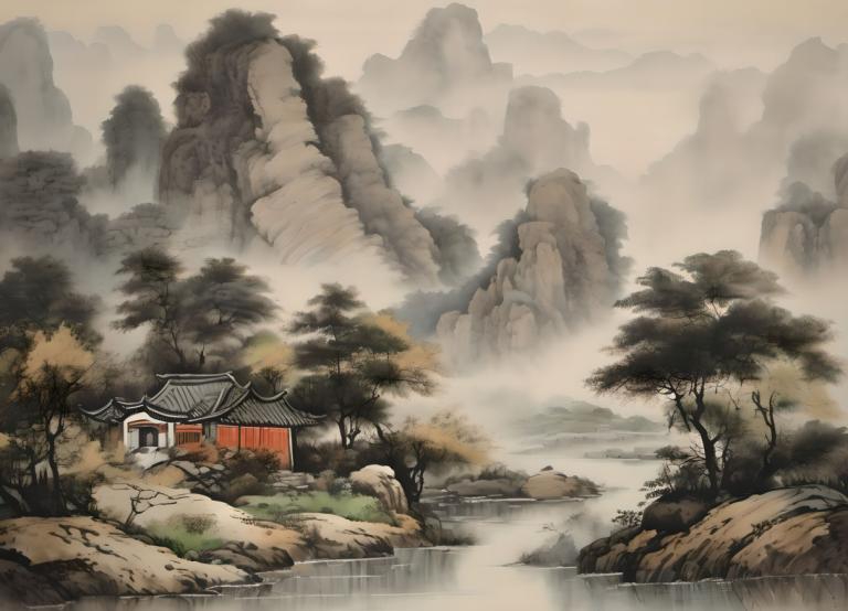 Chinese Paintings,Chinese Paintings, Nature, landscape, no humans, scenery, tree, fog, outdoors, water