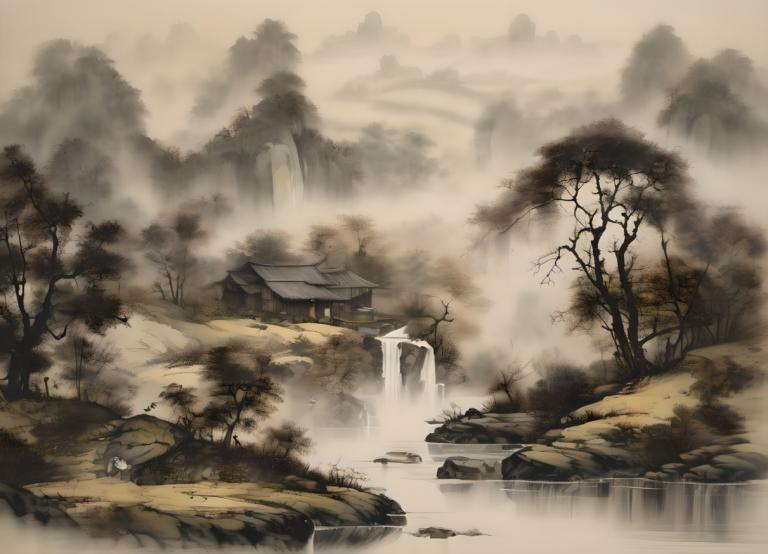 Peintures chinoises,Peintures chinoises, Nature, paysage, pas d'humains, arbre, paysage, cascade, eau, nature