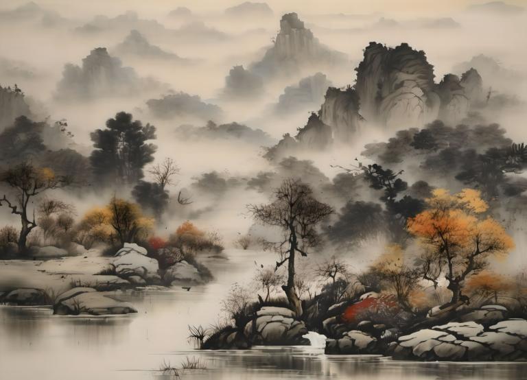 Chinese Paintings,Chinese Paintings, Nature, landscape, tree, no humans, scenery, outdoors, water, fog, cloud