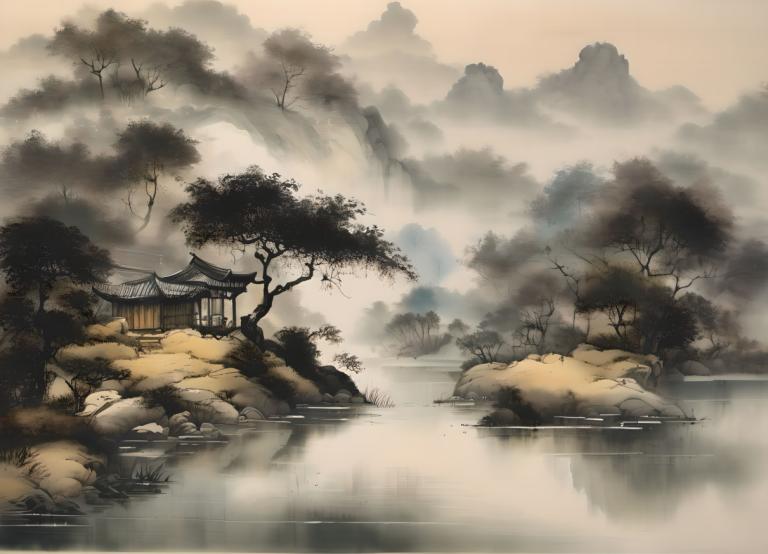 Chinese Paintings,Chinese Paintings, Nature, landscape, no humans, tree, scenery, outdoors, water, rock