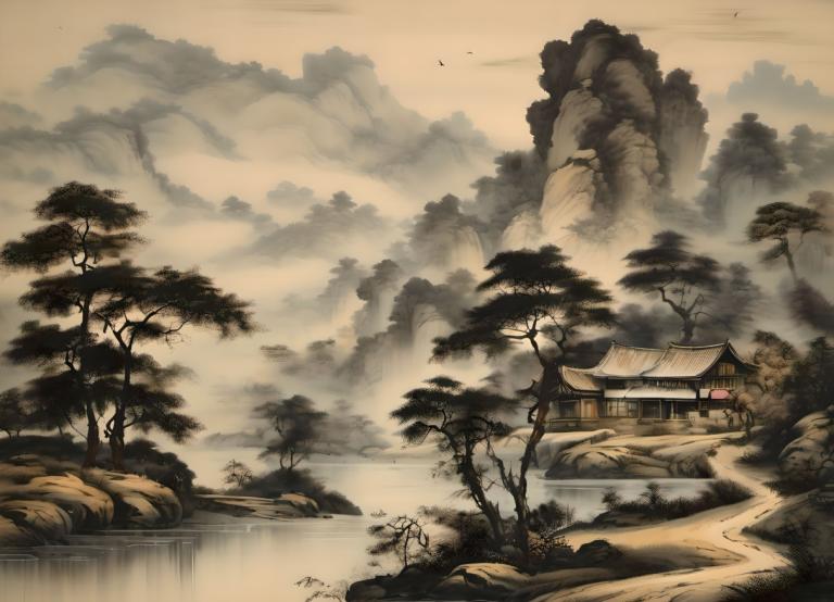 Chinesische Gemälde,Chinesische Gemälde, Natur, Landschaft, Baum, Landschaft, keine Menschen, Wasser, draußen