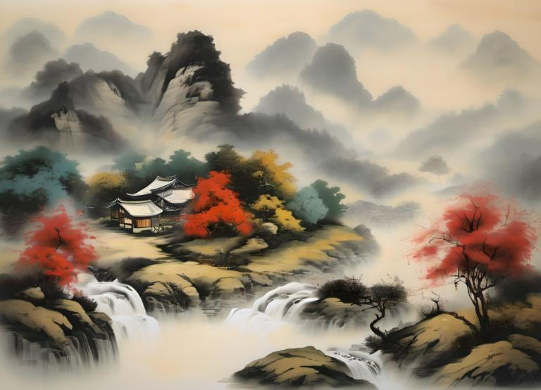 Peintures chinoises,Peintures chinoises, Nature, paysage, pas d'humains, paysage, arbre, montagne