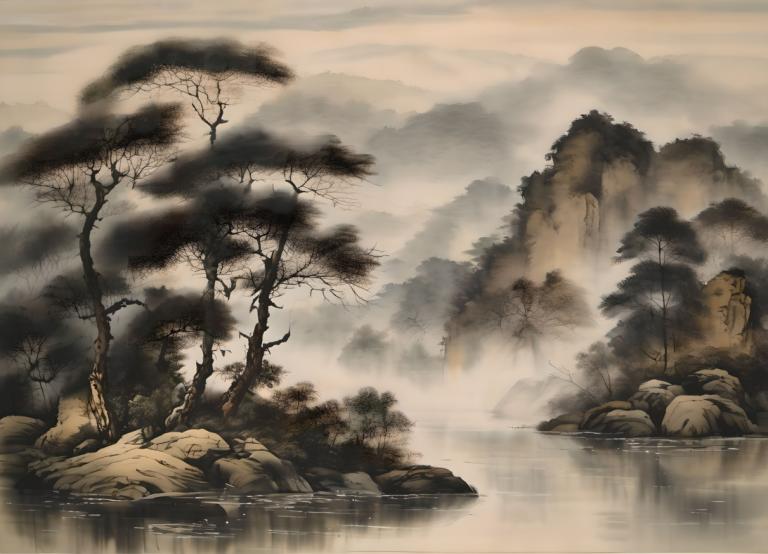 Chinesische Gemälde,Chinesische Gemälde, Natur, Landschaft, keine Menschen, Baum, Landschaft, Wasser, Nebel