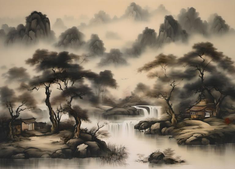 Chinesische Gemälde,Chinesische Gemälde, Natur, Landschaft, keine Menschen, Baum, Landschaft, Wasser