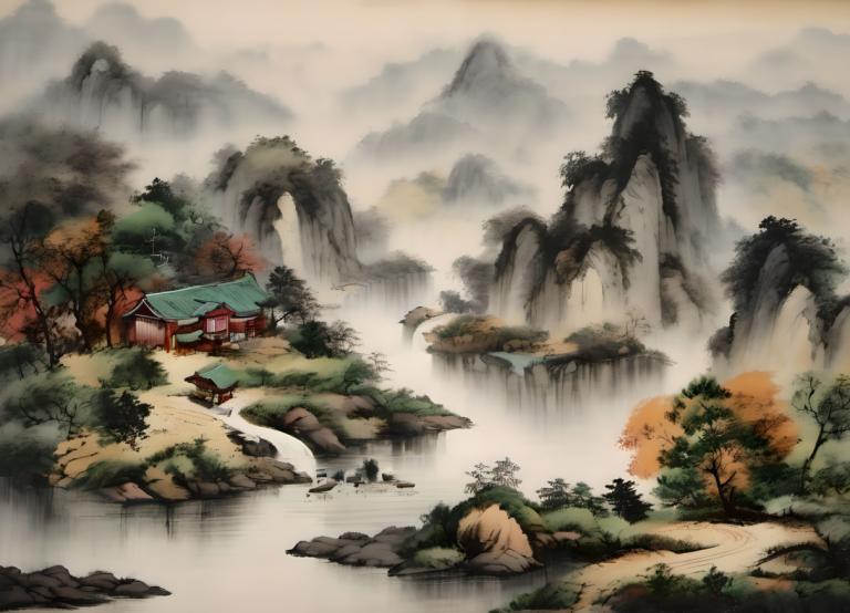 Chinese Paintings,Chinese Paintings, Nature, landscape, scenery, tree, waterfall, no humans, water, mountain