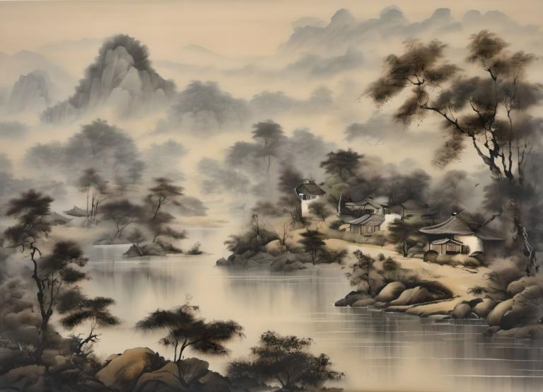 Chinesische Gemälde,Chinesische Gemälde, Natur, Landschaft, keine Menschen, Landschaft, Baum, die Architektur