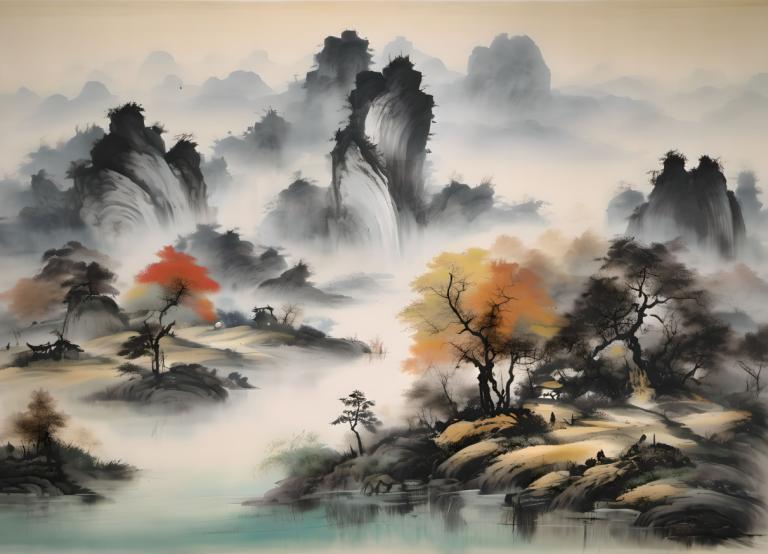 Peintures chinoises,Peintures chinoises, Nature, paysage, pas d'humains, paysage, arbre, cascade, eau, nature