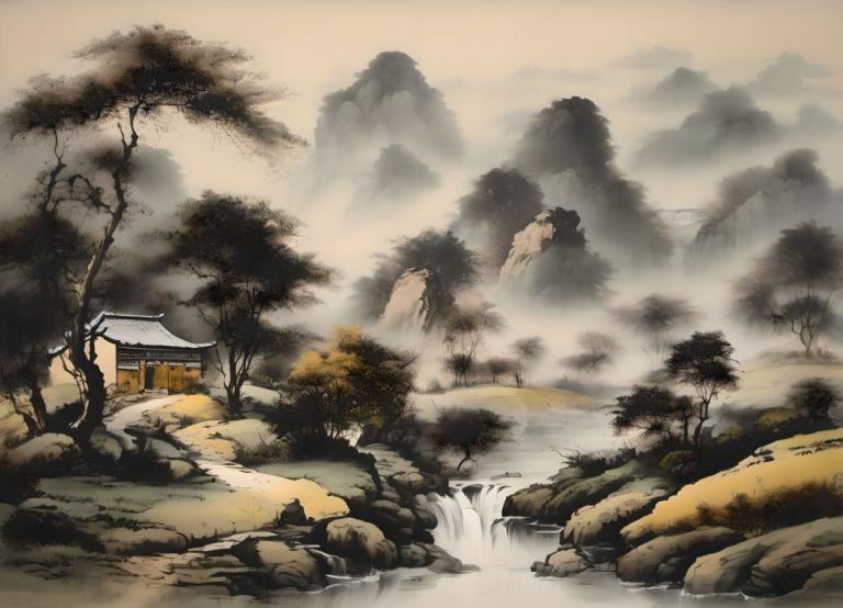 Chinesische Gemälde,Chinesische Gemälde, Natur, Landschaft, keine Menschen, Landschaft, Baum, Wasser, draußen