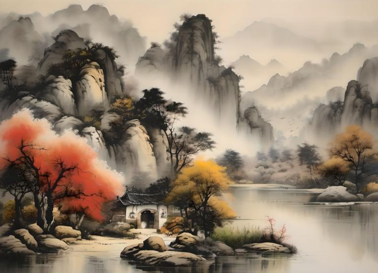 Chinesische Gemälde,Chinesische Gemälde, Natur, Landschaft, keine Menschen, Landschaft, Baum, Wasser, draußen