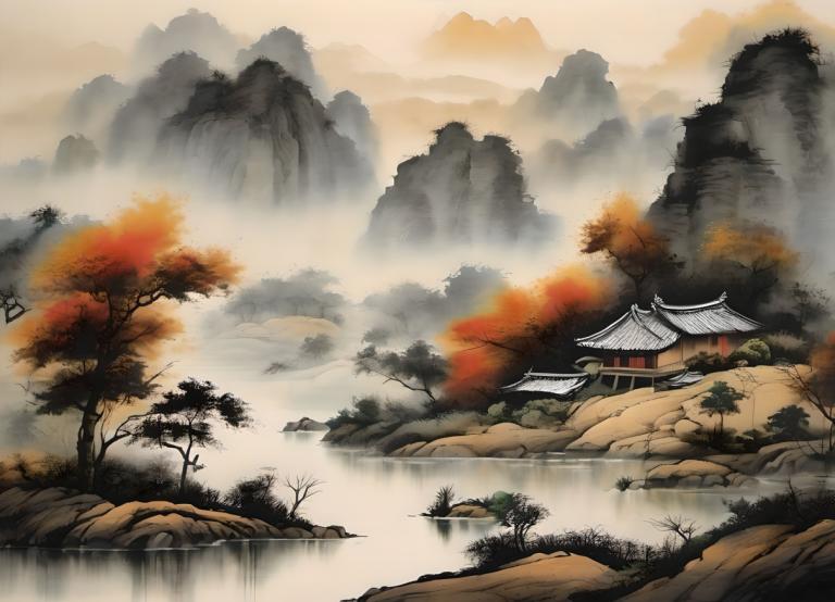 Chinese Paintings,Chinese Paintings, Nature, landscape, no humans, scenery, tree, mountain, water, outdoors