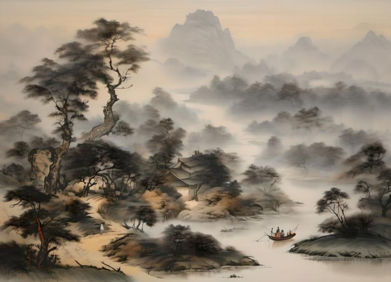 Chinesische Gemälde,Chinesische Gemälde, Natur, Landschaft, Baum, Landschaft, Ostasiatische Architektur