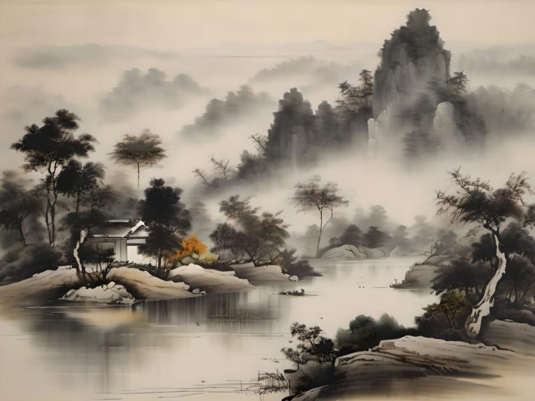 中国絵画,中国絵画, 自然, 風景, 人間がいない, 木, 景色, 屋外, 自然, 水, 森, 山, 風景, 霧, 川, 空