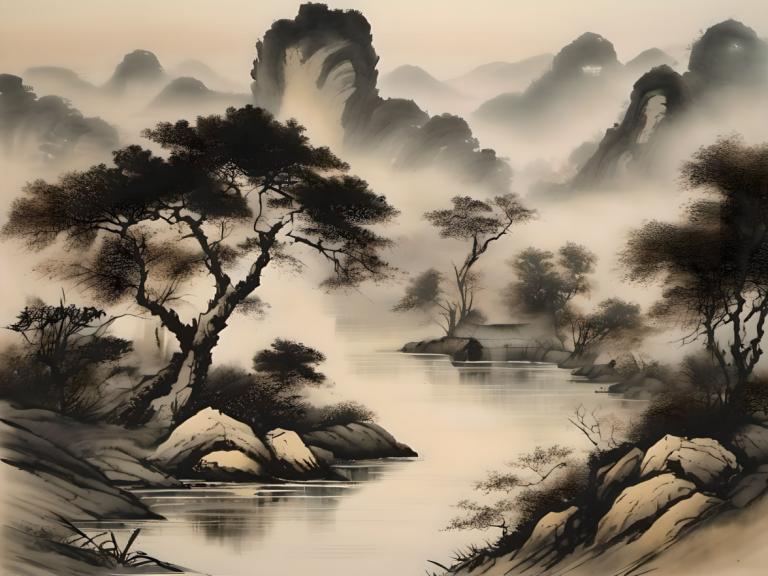 Peintures chinoises,Peintures chinoises, Nature, paysage, pas d'humains, arbre, paysage, eau, en plein air