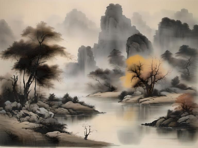 中国絵画,中国絵画, 自然, 風景, 木, 人間がいない, 景色, 水, 霧, 屋外, 裸の木, 風景, 自然, ロック, 川, 蒸気, 反射, 湖