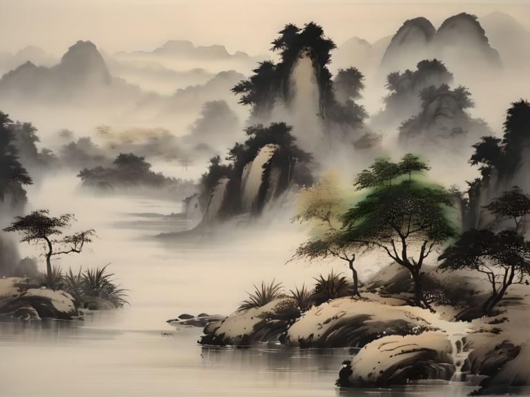 Chinese Paintings,Chinese Paintings, Nature, landscape, no humans, tree, scenery, outdoors, water, fog