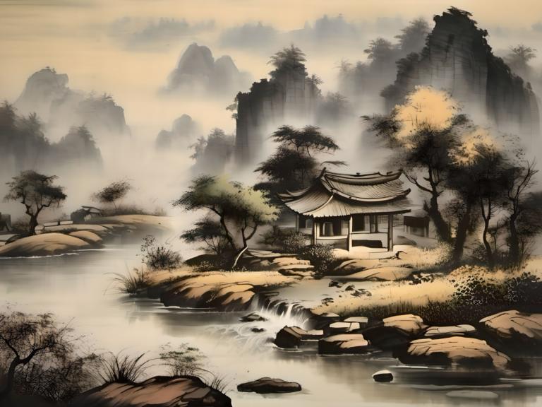 Peintures chinoises,Peintures chinoises, Nature, paysage, pas d'humains, arbre, paysage, en plein air, rocher