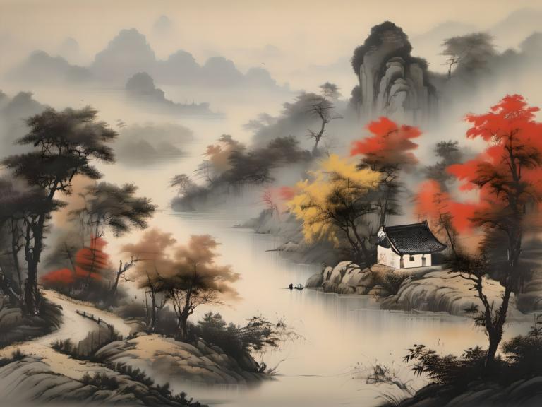 中国絵画,中国絵画, 自然, 風景, 景色, 人間がいない, 木, 自然, 水, 屋外, 森, 山, 風景, 霧