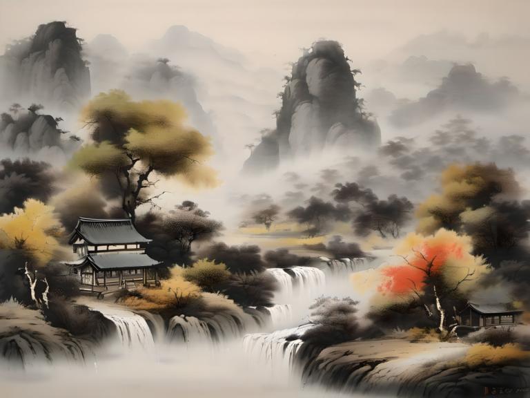 Chinese Paintings,Chinese Paintings, Nature, landscape, no humans, scenery, tree, waterfall, outdoors, water