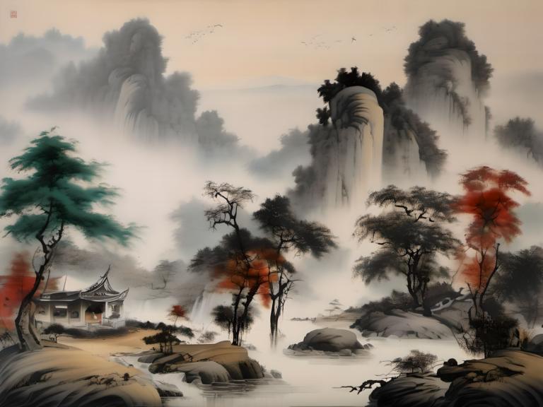 Peintures chinoises,Peintures chinoises, Nature, paysage, pas d'humains, arbre, paysage, architecture, oiseau