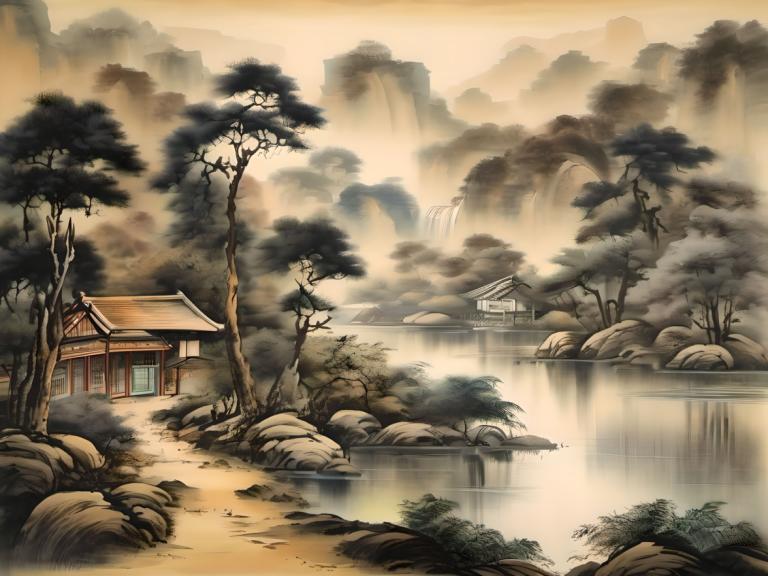 中国絵画,中国絵画, 自然, 風景, 人間がいない, 木, 景色, 水, 屋外, 川, ロック, 自然, 建築, 東アジアの建築, 建物, 滝, 森