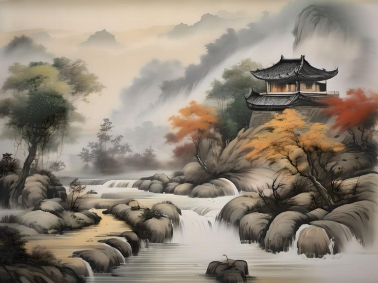 Chinese Paintings,Chinese Paintings, Nature, landscape, no humans, scenery, tree, mountain, outdoors, rock