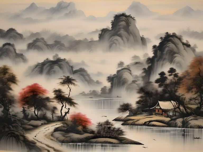 中国絵画,中国絵画, 自然, 風景, 景色, 木, 人間がいない, 山, 水, 自然, 屋外, 風景, 霧, 建築, 東アジアの建築, 森, 橋, 川