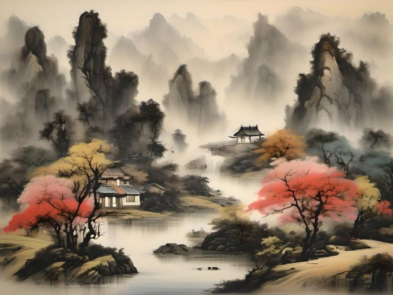 Peintures chinoises,Peintures chinoises, Nature, paysage, pas d'humains, paysage, arbre, eau, montagne