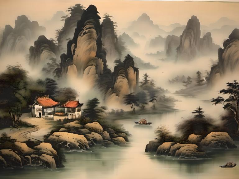 中国絵画,中国絵画, 自然, 風景, 人間がいない, 景色, 木, 自然, 水, 川, 山, 屋外, 森, 家, 建物, 風景, ロック, 橋