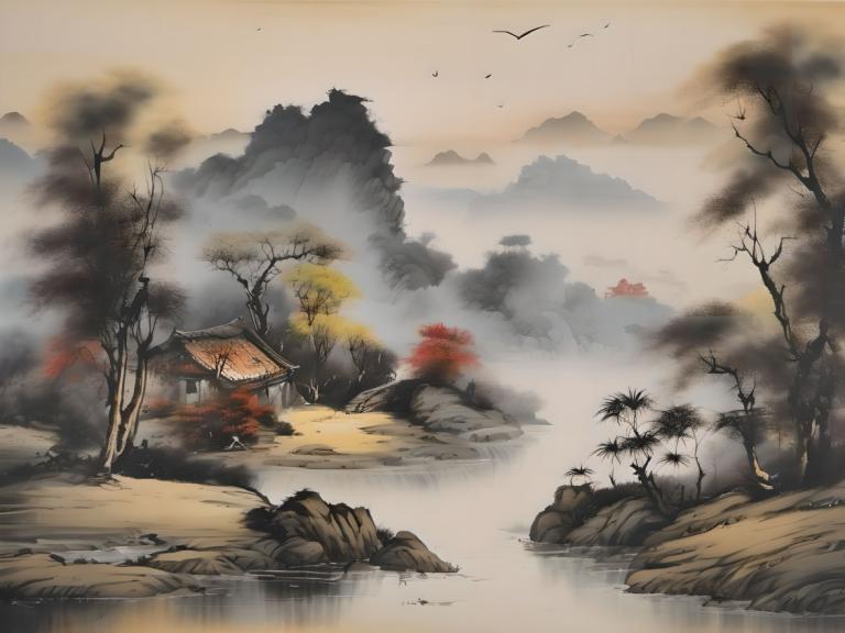 Chinese Paintings,Chinese Paintings, Nature, landscape, no humans, tree, scenery, bird, mountain, smoke