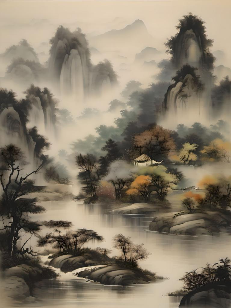 Chinese Paintings,Chinese Paintings, Nature, landscape, no humans, tree, scenery, nature, water, waterfall