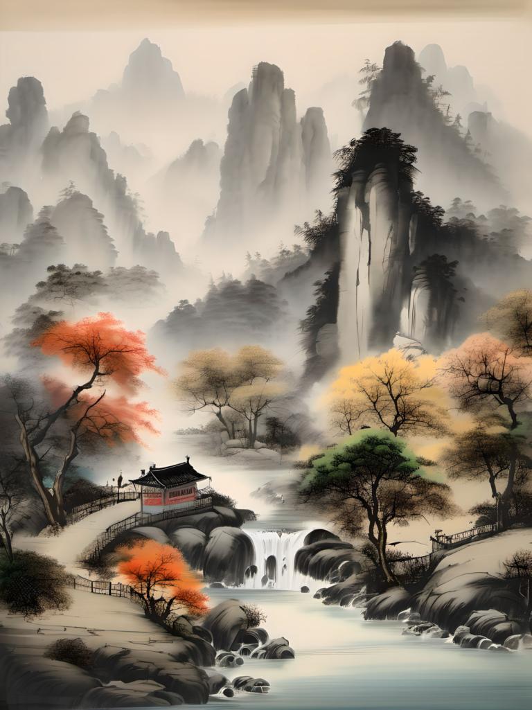 Peintures chinoises,Peintures chinoises, Nature, paysage, pas d'humains, paysage, arbre, cascade, eau, pont