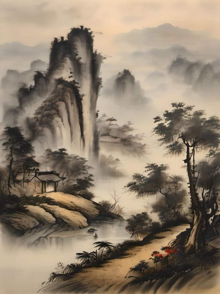 中国絵画,中国絵画, 自然, 風景, 人間がいない, 木, 景色, 屋外, 自然, 水, 山, 川, 森, 雲, 霧, 風景, 空, 滝, ロック