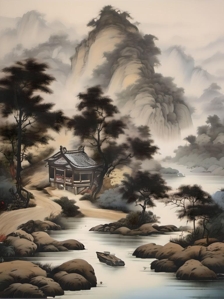 Peintures chinoises,Peintures chinoises, Nature, paysage, arbre, paysage, pas d'humains, rocher, en plein air