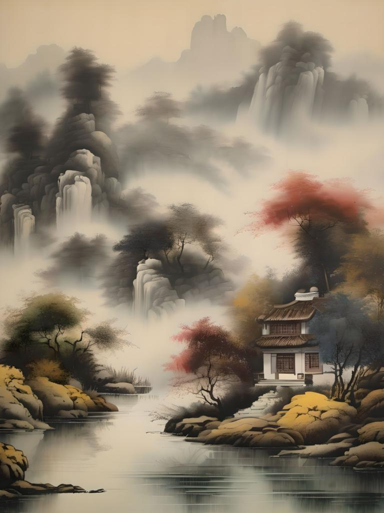 Peintures chinoises,Peintures chinoises, Nature, paysage, pas d'humains, paysage, arbre, eau, en plein air