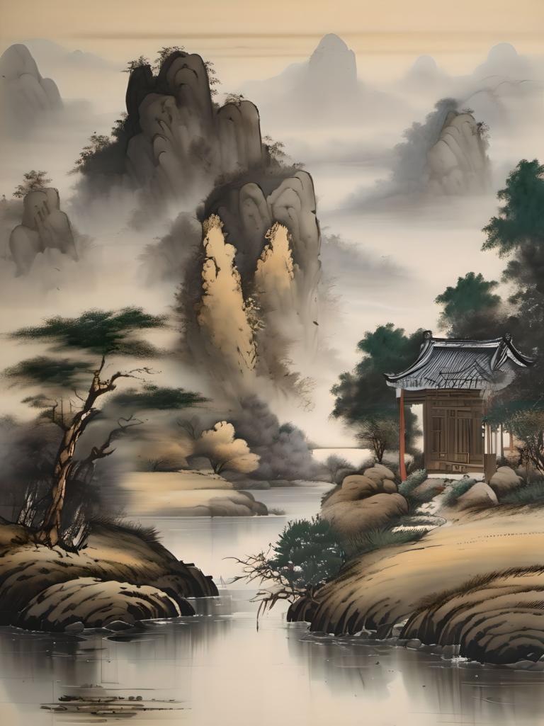 Peintures chinoises,Peintures chinoises, Nature, paysage, pas d'humains, arbre, paysage, en plein air