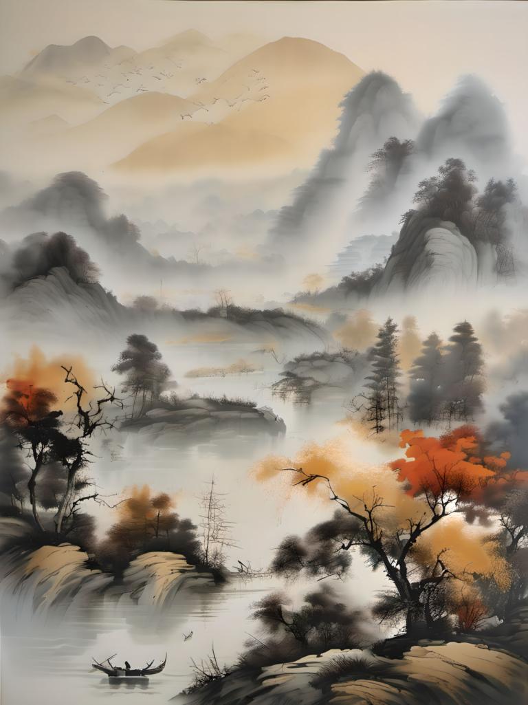 Peintures chinoises,Peintures chinoises, Nature, paysage, paysage, pas d'humains, arbre, montagne, oiseau