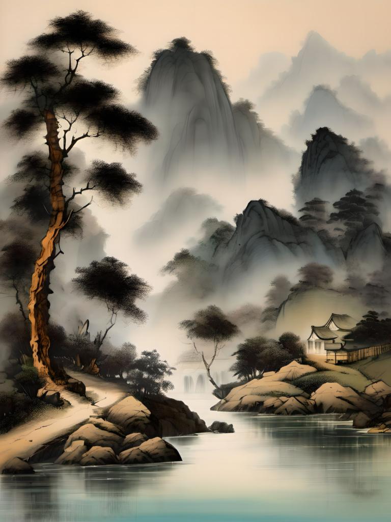 Chinese Paintings,Chinese Paintings, Nature, landscape, no humans, tree, scenery, water, outdoors, mountain